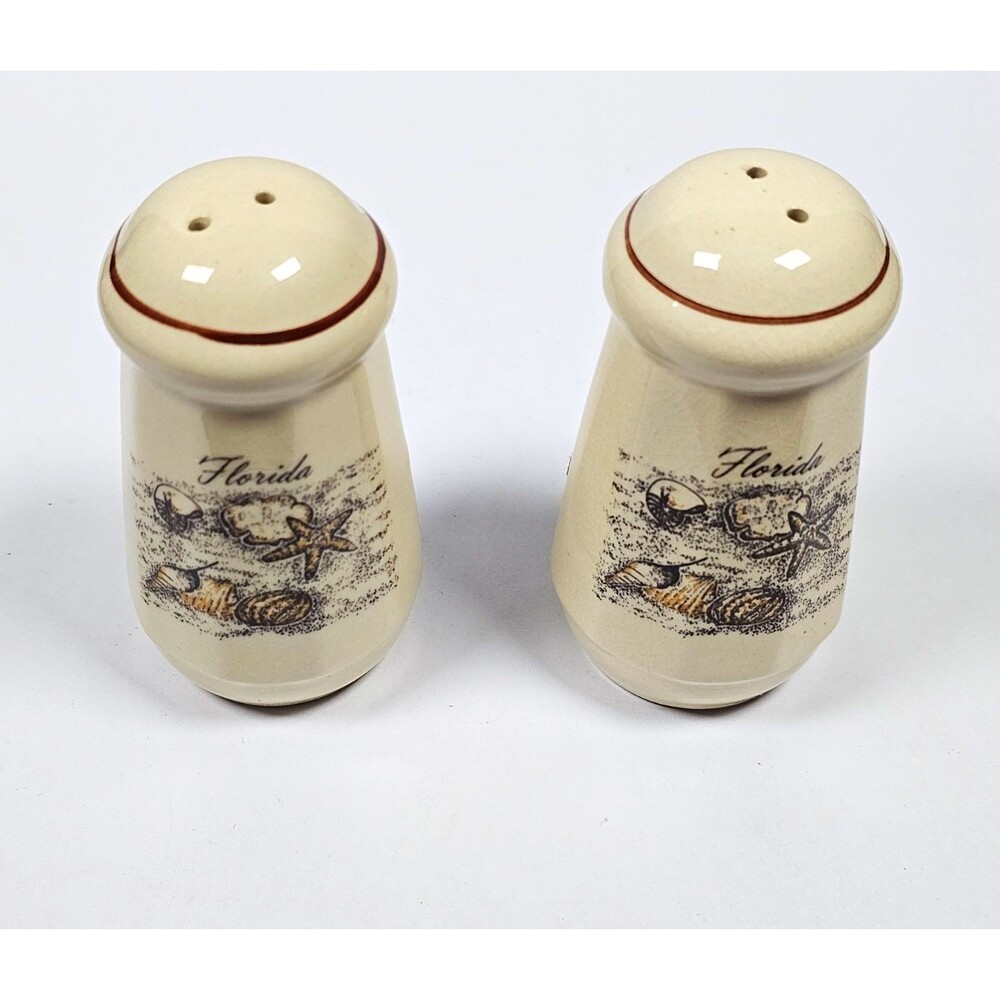 Florida Beach Souvenir Ceramic Salt & Pepper Shakers Set of 2 Beige/Brown Glossy